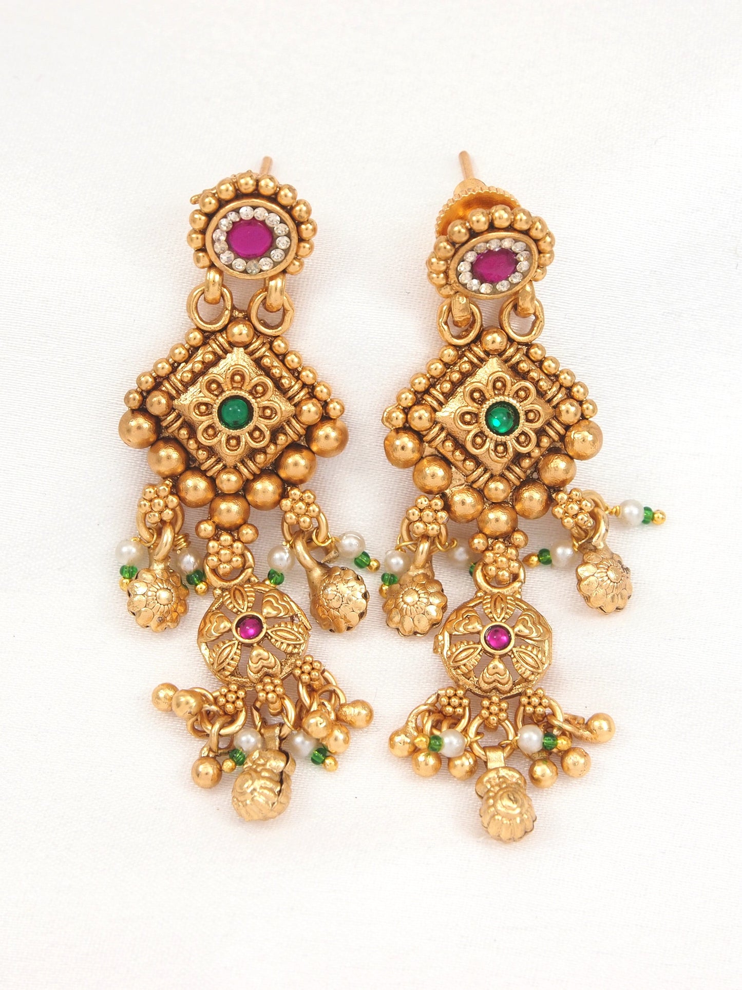 Ethnic Designer Gold Plated Black Bead Mangalsutra Set with Ruby & Emerald Coloured Stones