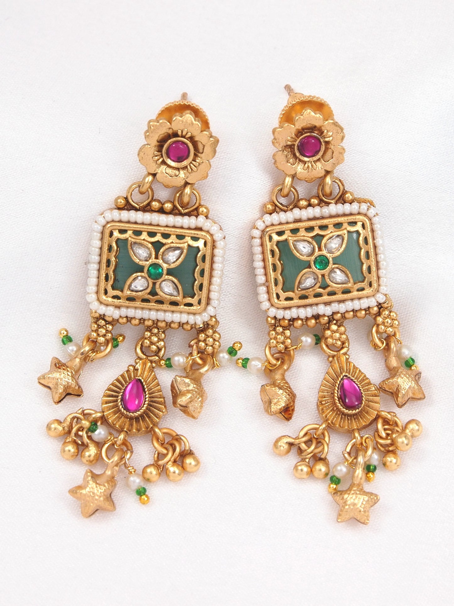 Ethnic Gold Plated Black Bead Mangalsutra Set with Ruby & Emerald Coloured Stones