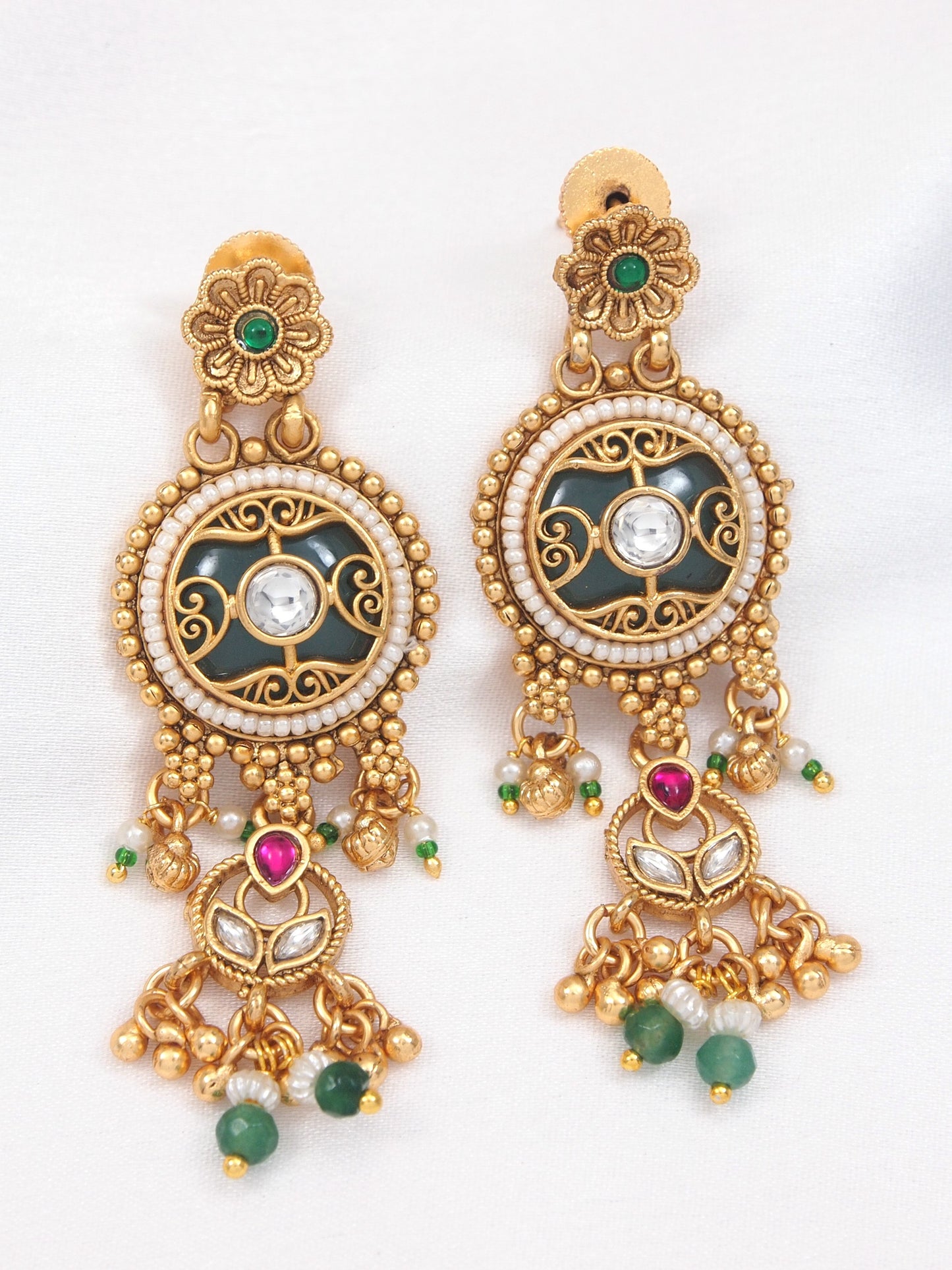 Gold-Toned Antique Finish Temple Jewellery Long Necklace & Jhumka Earrings Set