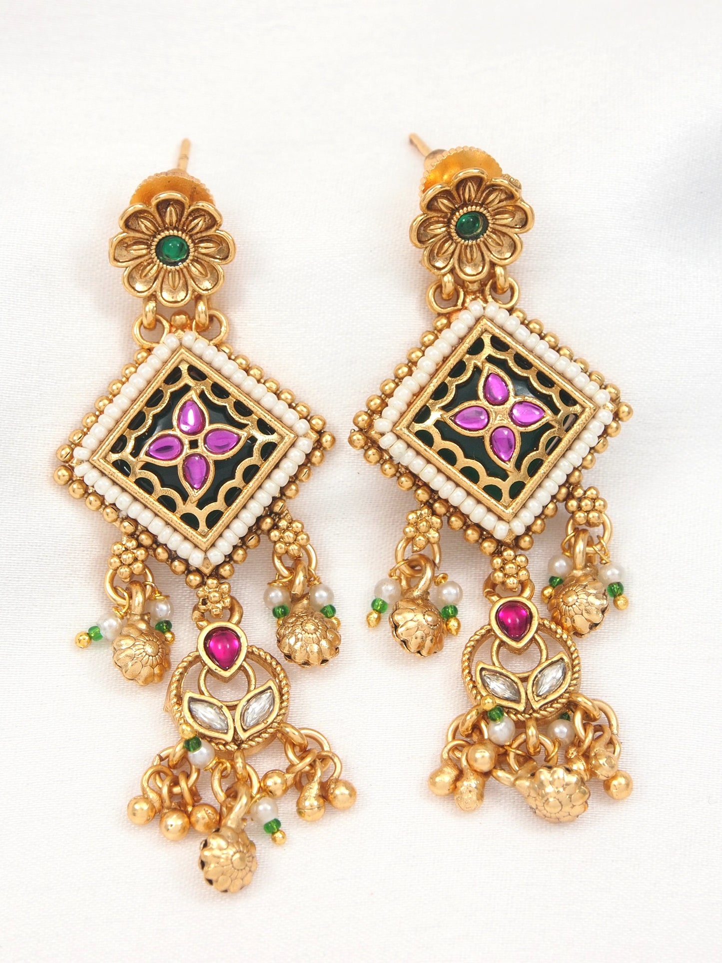 Heritage Antique Gold Finish Long Temple Necklace Set with Ruby, Emerald, and Pearl Drops