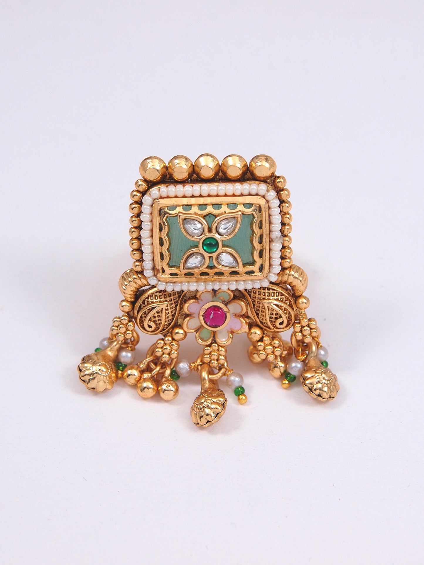 Gold-Toned Handcrafted Kundan Floral Adjustable Ring with Pearl Drops