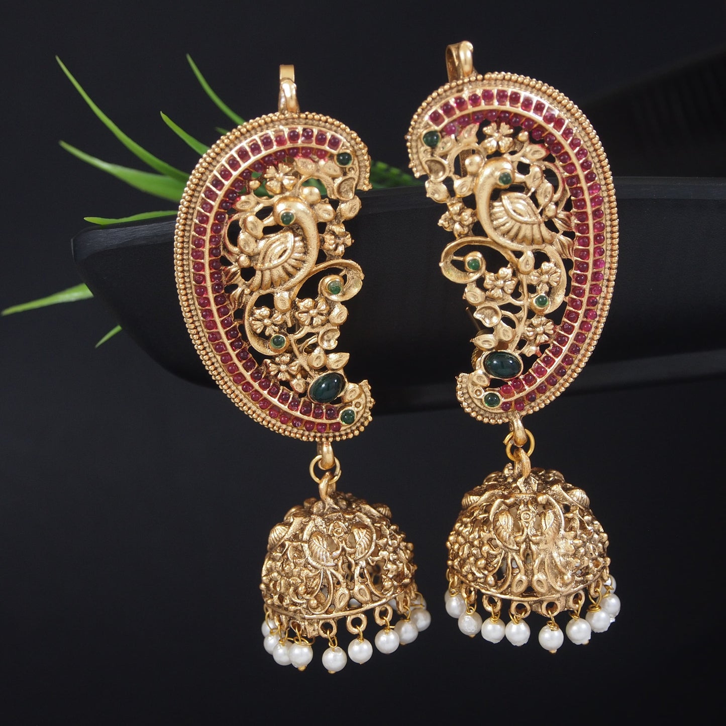 Antique Gold-Finish Peacock Design Jhumka Earrings with Ruby, Emerald, and Pearl Accents