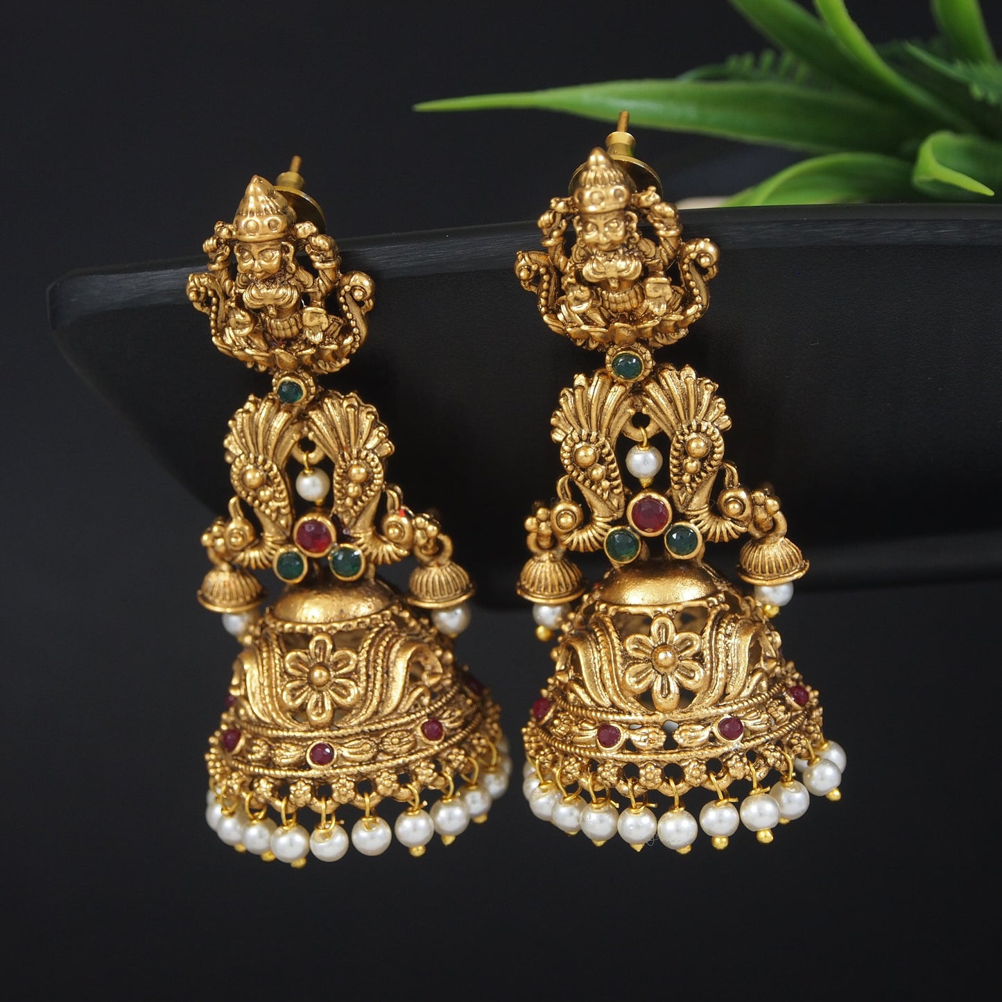 Traditional Temple Jhumka Earrings with Pearl Drops and Stone Accents