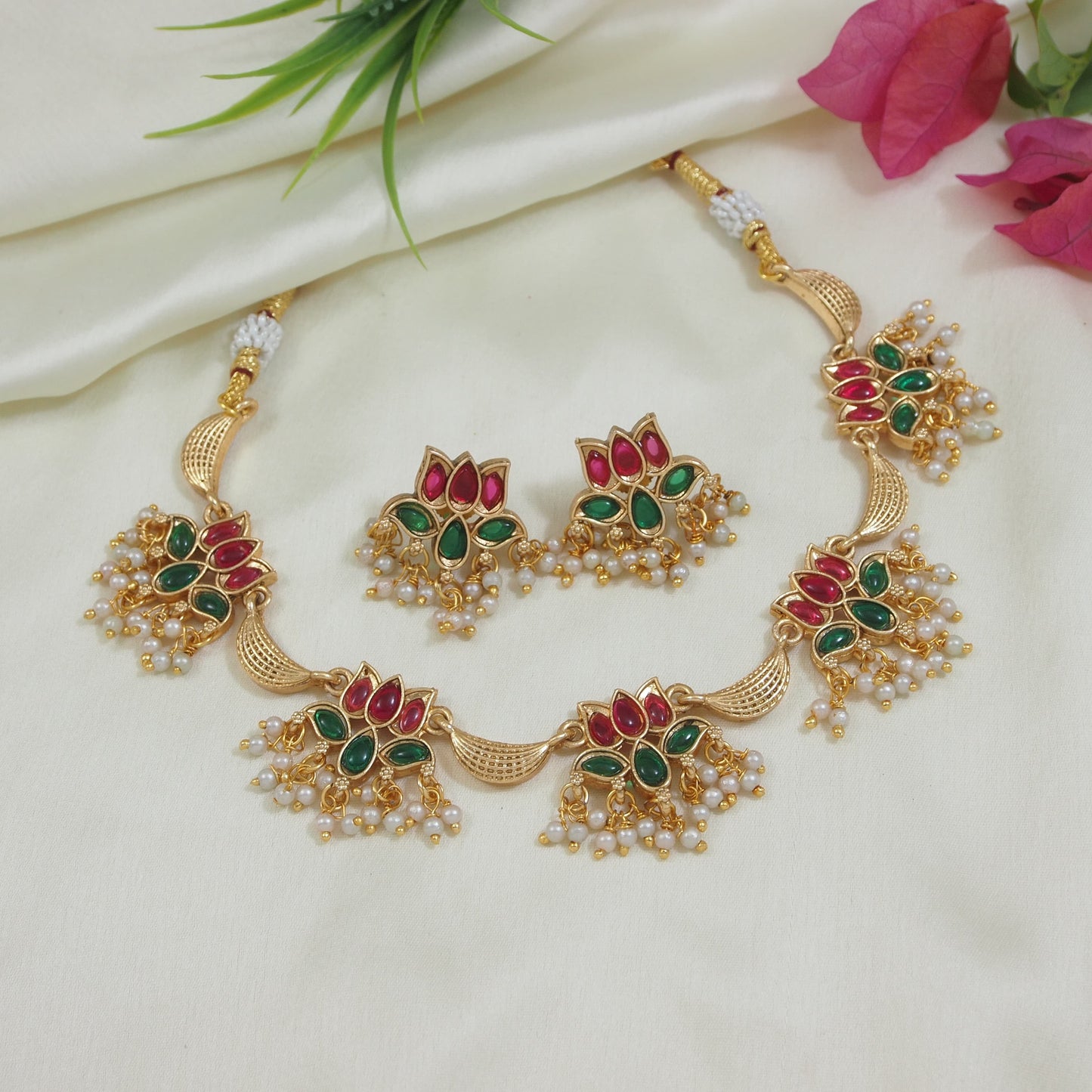 Royal Floral Green & Red Beaded Necklace Set with Matching Earrings