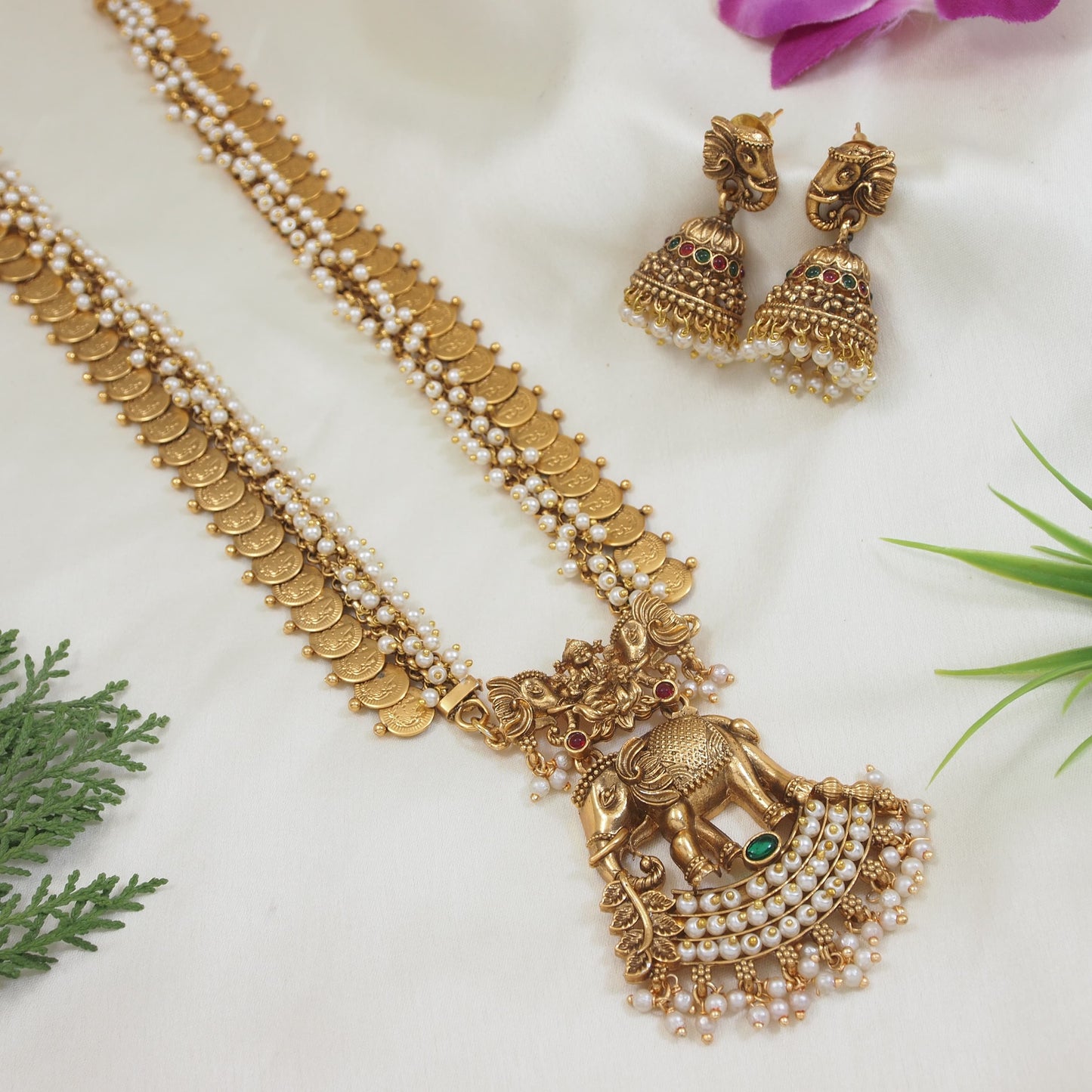 Traditional Lakshmi Coin Haram Necklace with Jhumkas