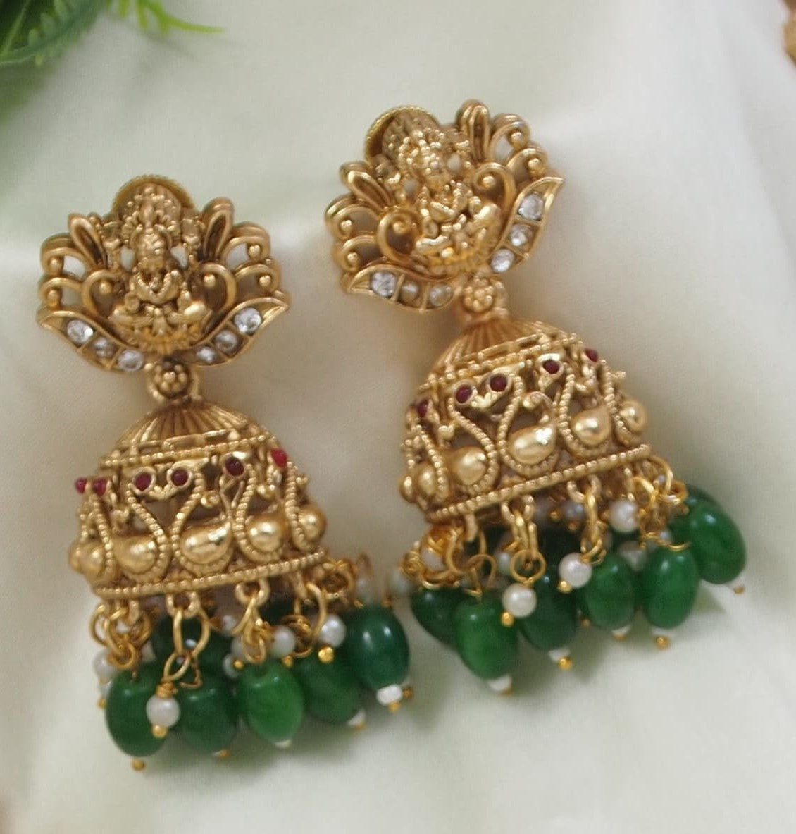 Traditional Peacock Motif Necklace with Green Bead Drops and Jhumkas