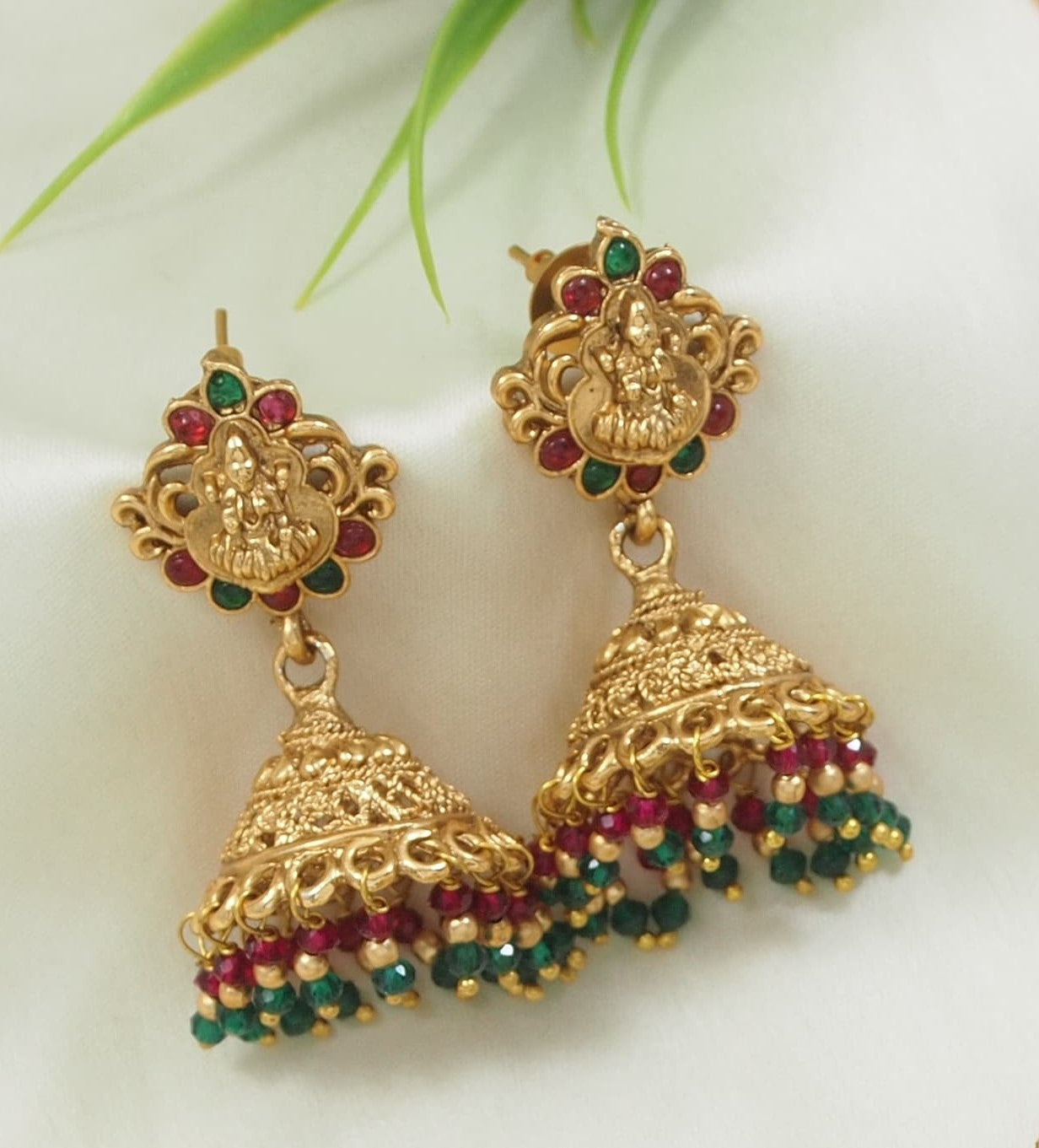 Antique Lakshmi Pendant Necklace with Beaded Jhumkas