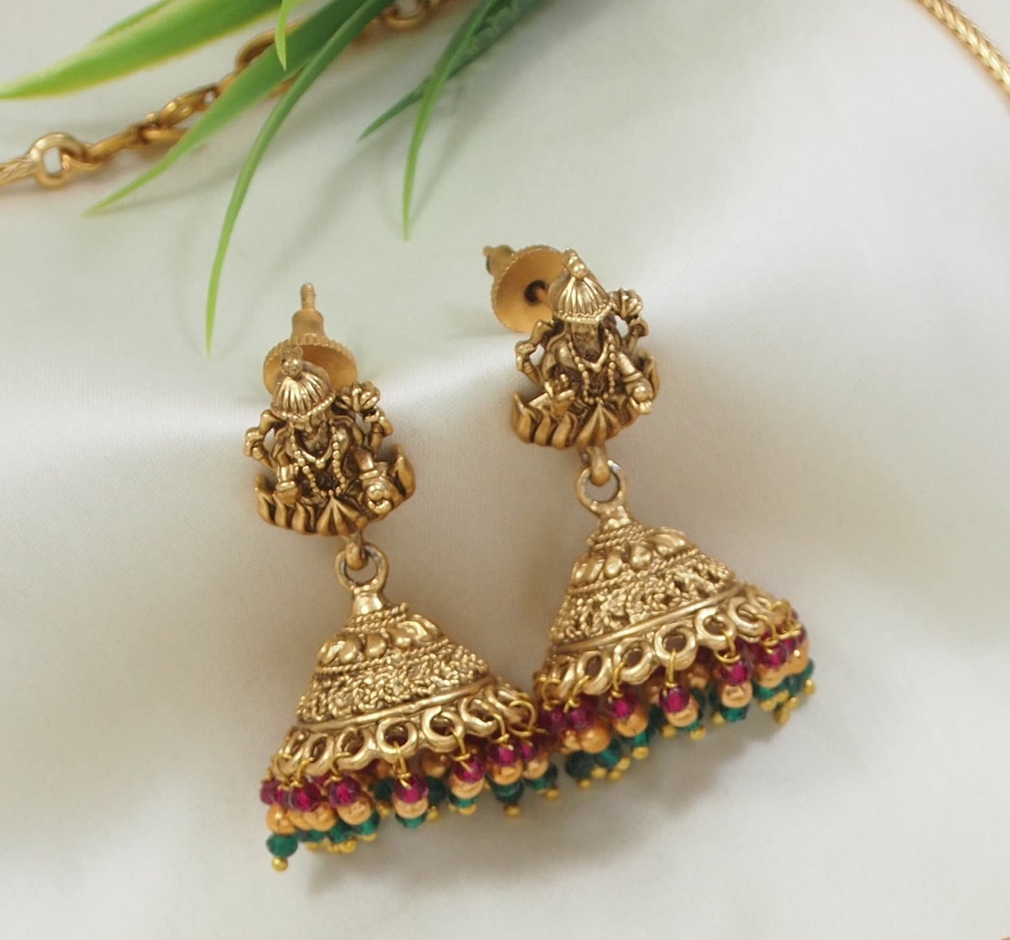 Antique Lakshmi Pendant Necklace with Beaded Jhumkas