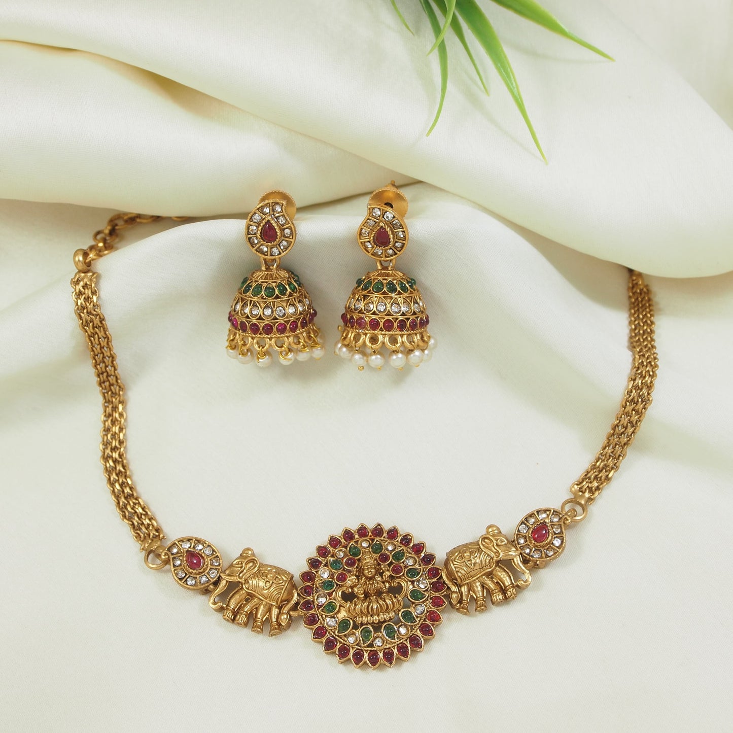Traditional Lakshmi Pendant Necklace Set with Jhumka Earrings - Gold-Tone Bridal Jewelry