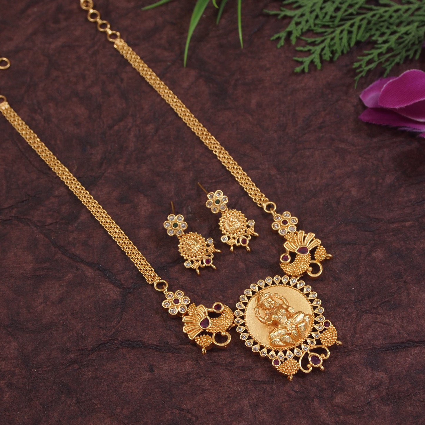 Gold-Tone Lakshmi Medallion Necklace Set with Peacock Motifs and Floral Stud Earrings
