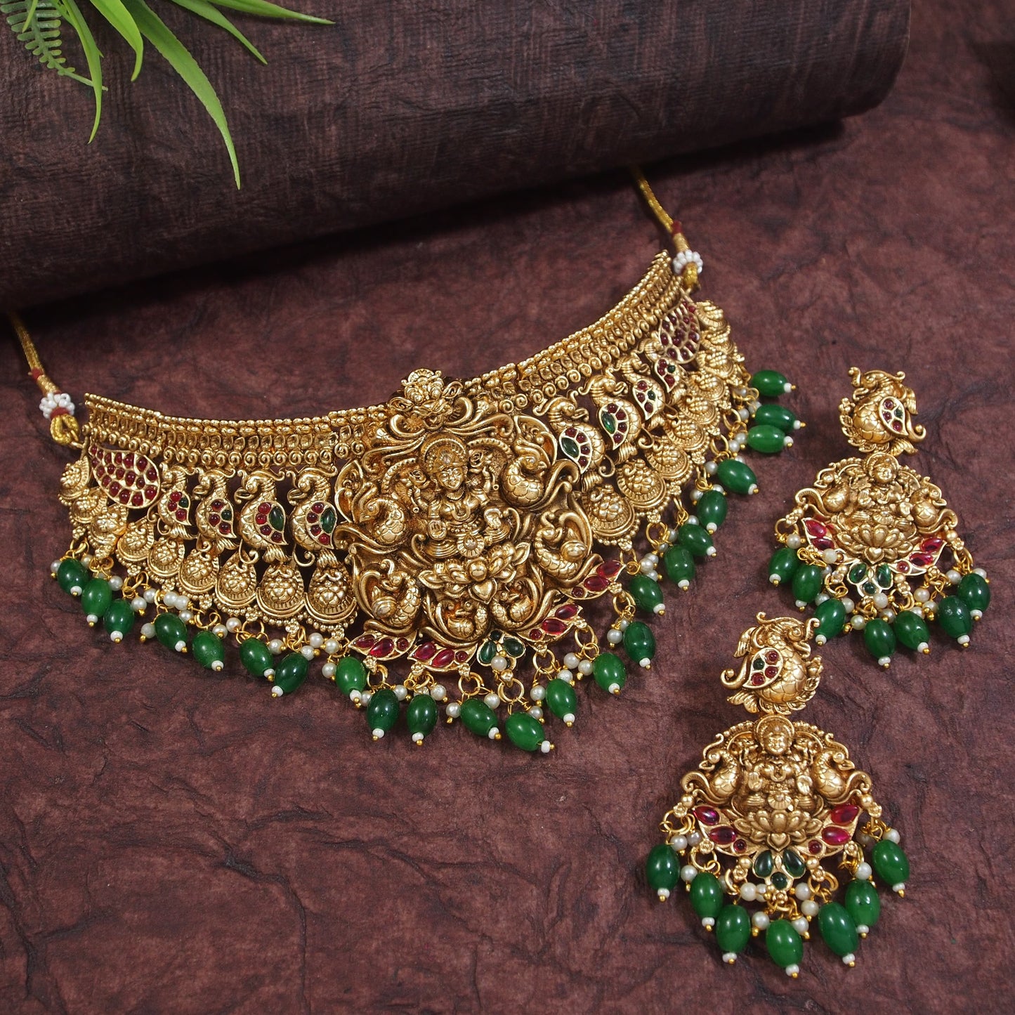 Antique Gold-Plated Temple Choker Necklace Set with Lakshmi Motif and Green Beads