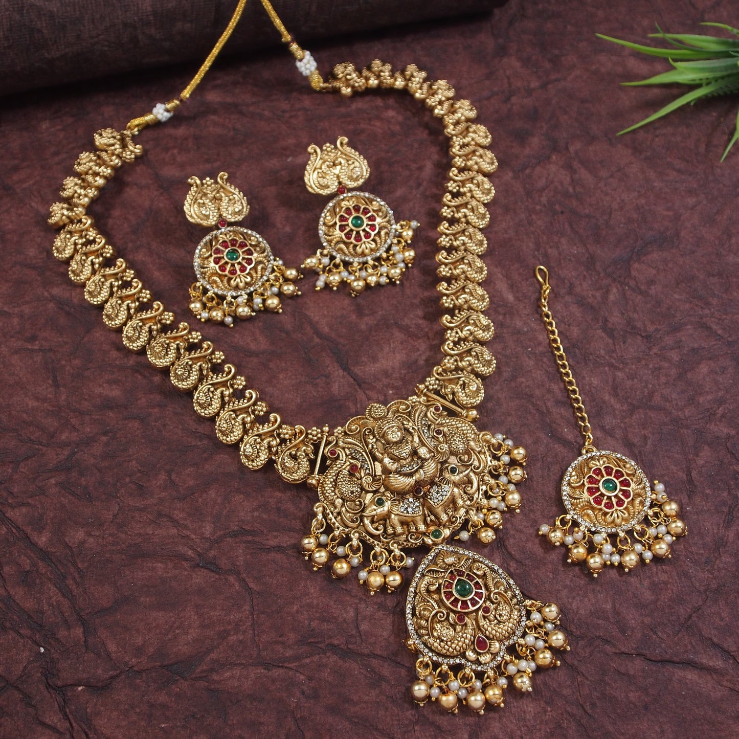 Traditional Antique Gold-Plated Temple Jewelry Set with Lakshmi Pendant
