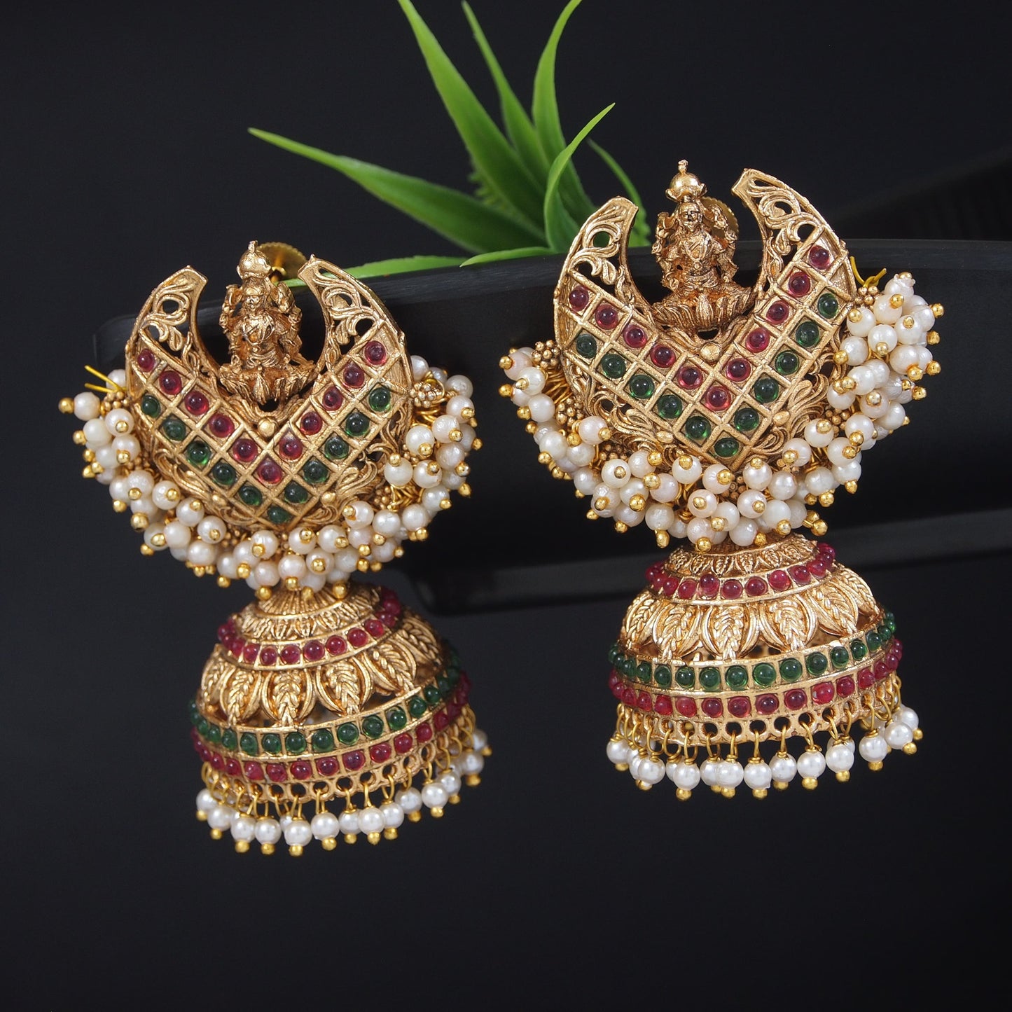 Antique Temple Jhumka Earrings with Lakshmi Motif, Ruby, Emerald, and Pearl Accents