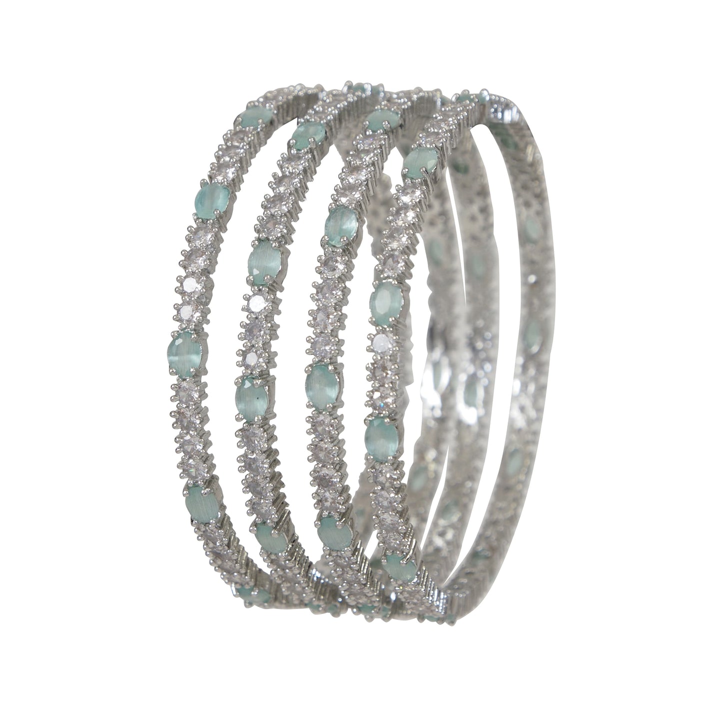 Silver Finish Mint Green Stone Studded Designer Bangle (Pack of 4)