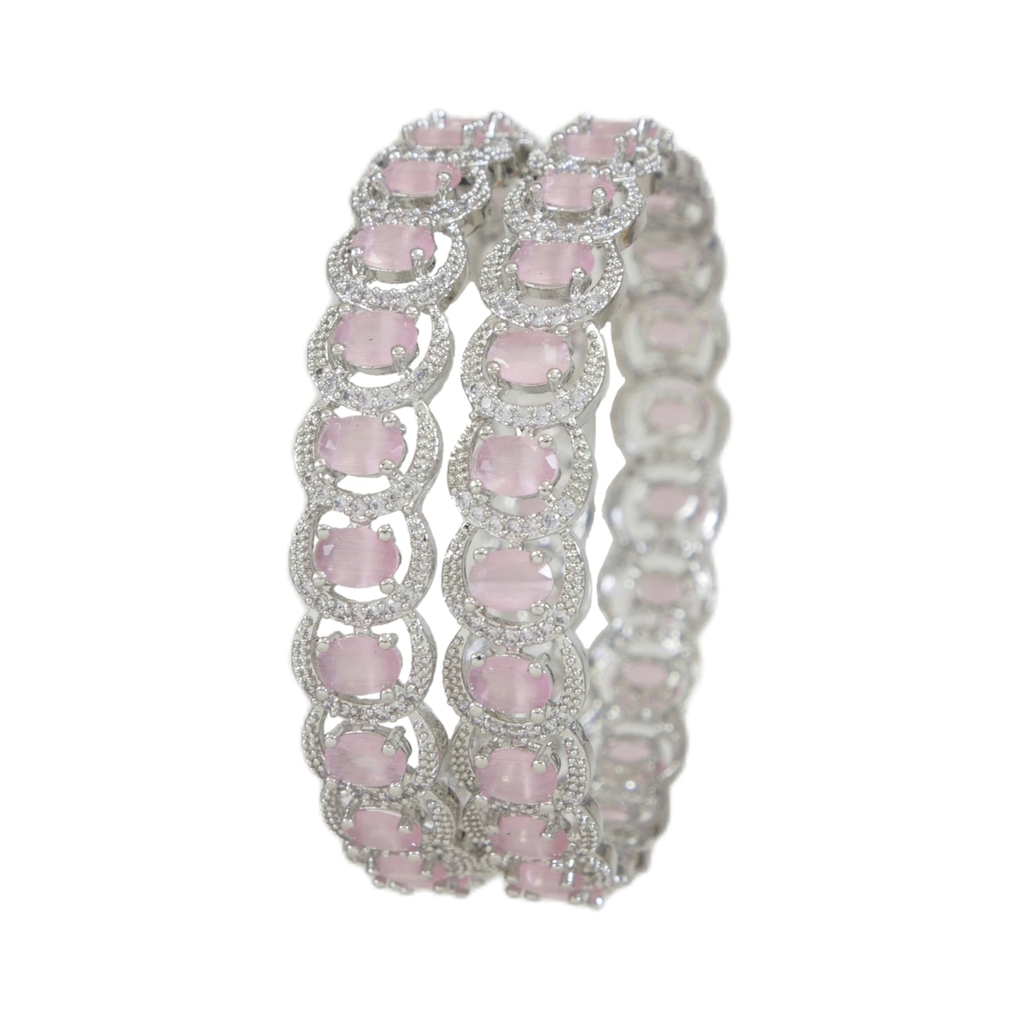Elegant Silver Finish Bangles with Pink White Cat-Eye Stones(Pack of 2)