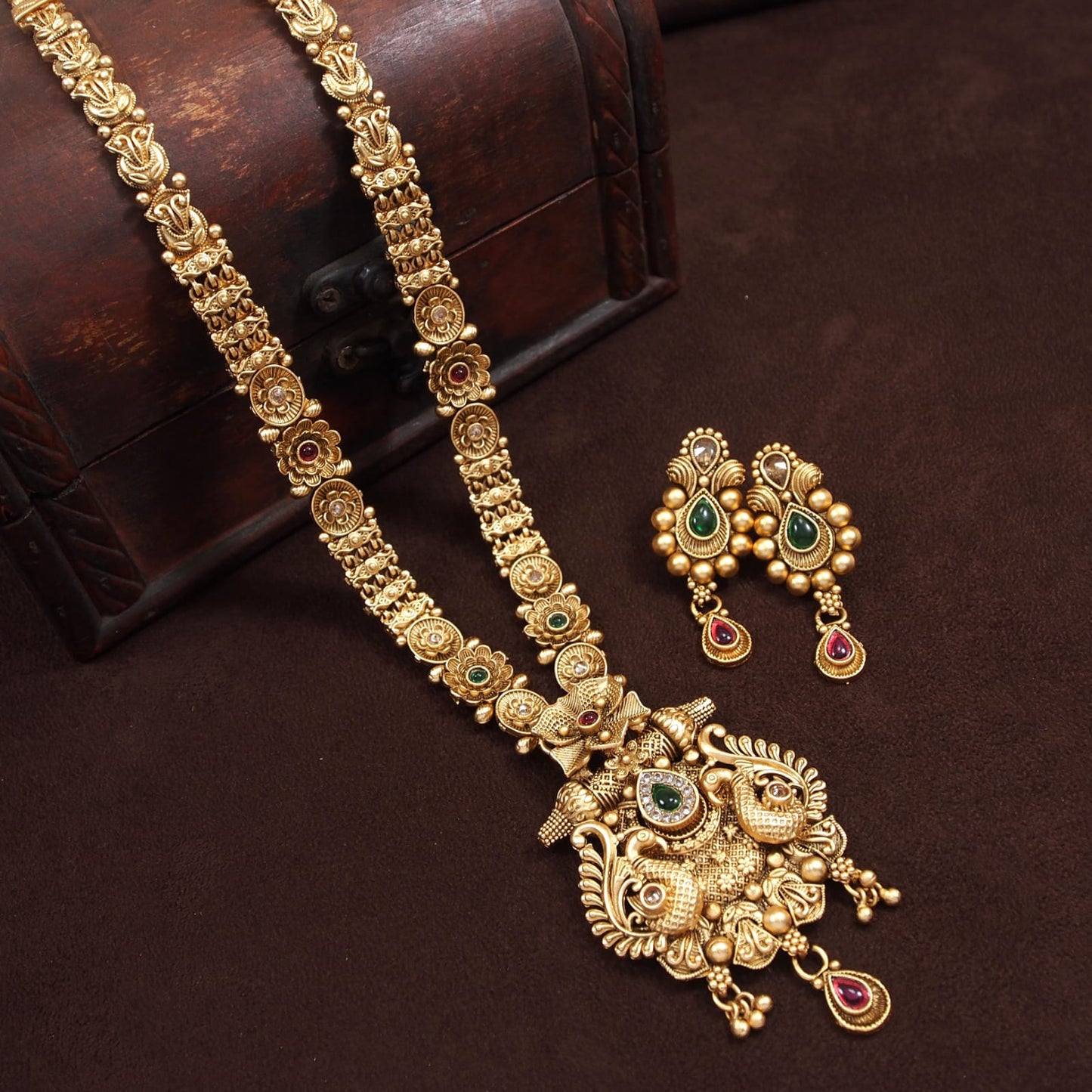 Orna Antique Long Brass Studded with American Diamond Necklace Set