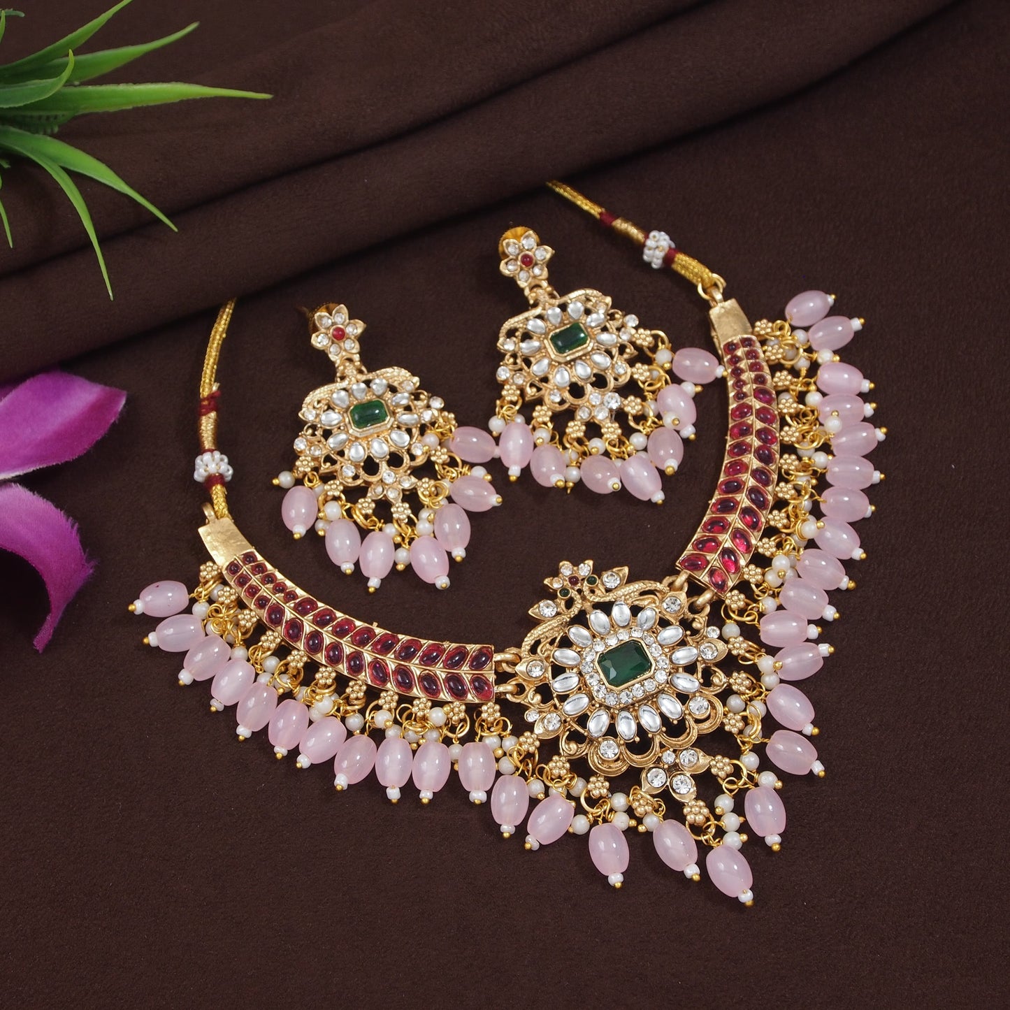 Royal Floral Green & Red Beaded Necklace Set with Matching Earrings
