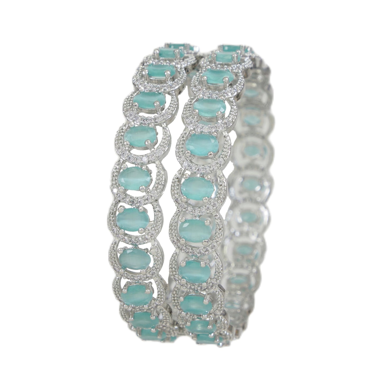 Elegant Silver Finish Bangles with Mint White Cat-Eye Stones(Pack of 2)