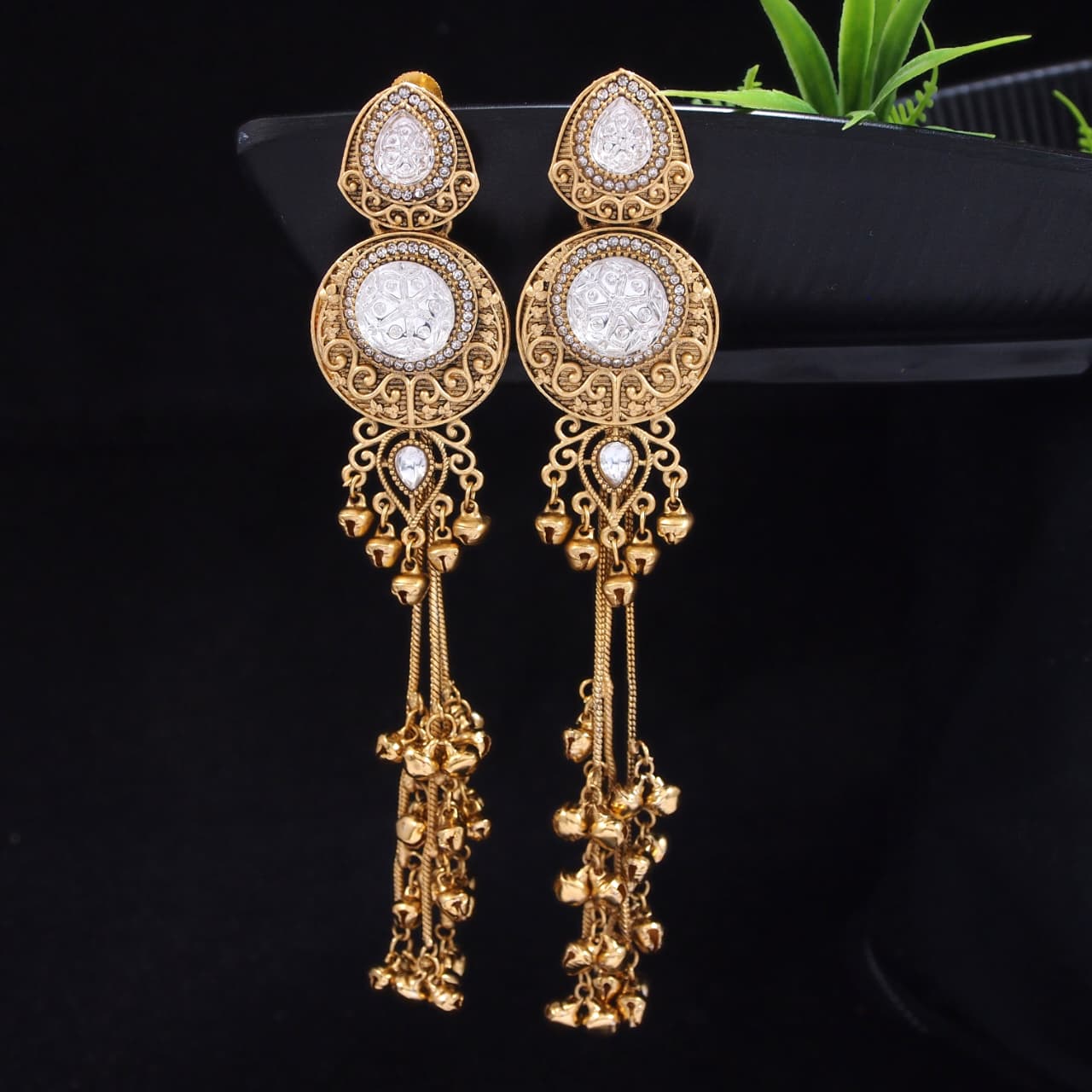 Gold-Plated Kashmiri Drop Long Earrings with Kundan Detailing & Ghungroo Work
