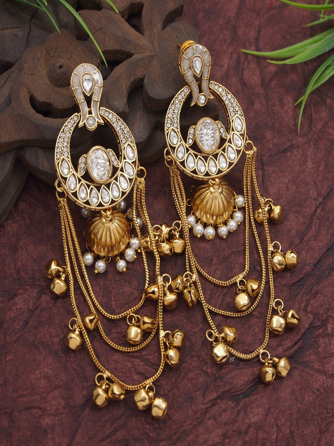 Traditional Gold-Plated Kashmiri Drop Earrings with Pearl Accents