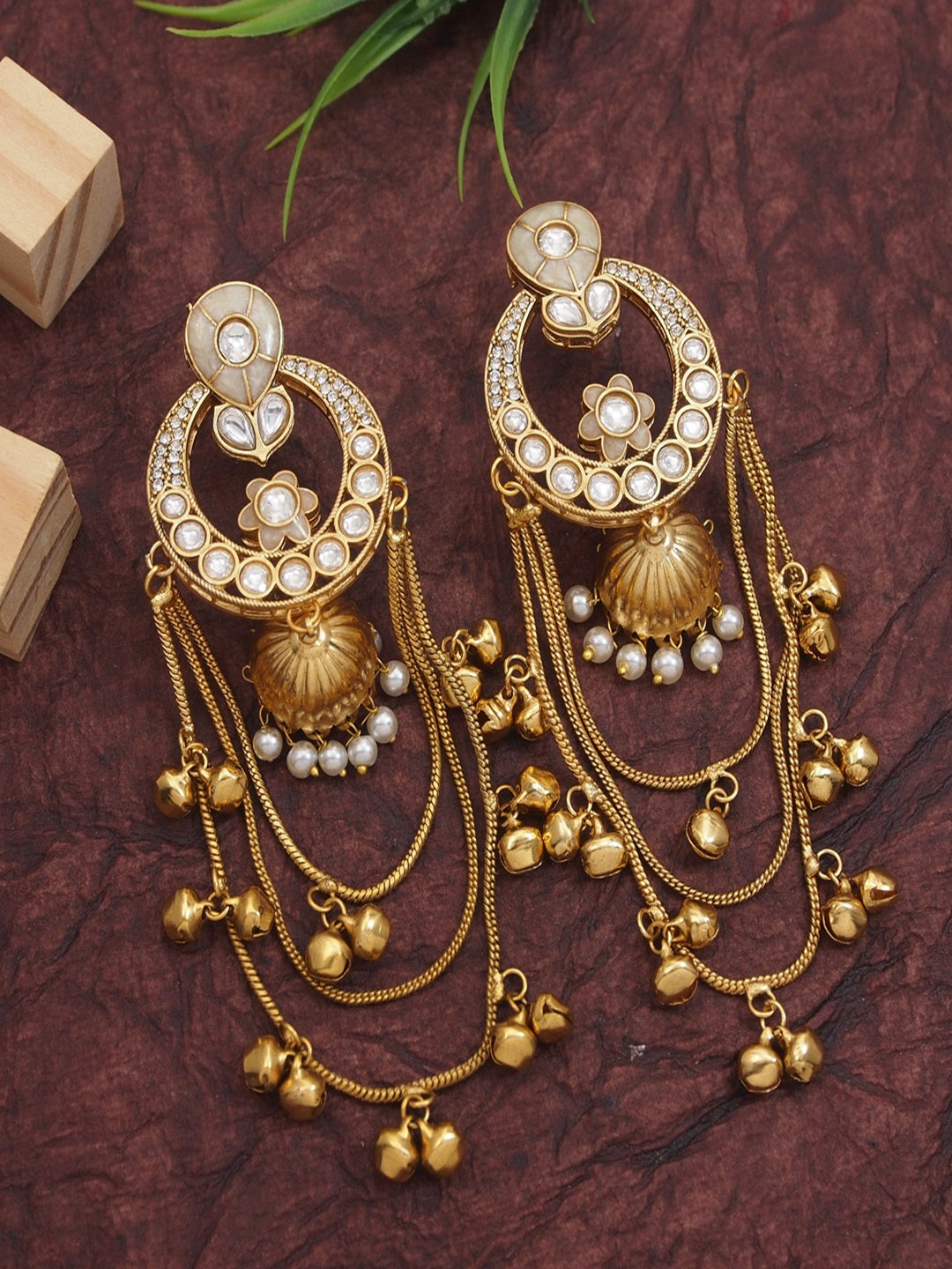 Ethnic Kashmiri Style Gold-Plated Drop Earrings with Kundan & Bell Tassels