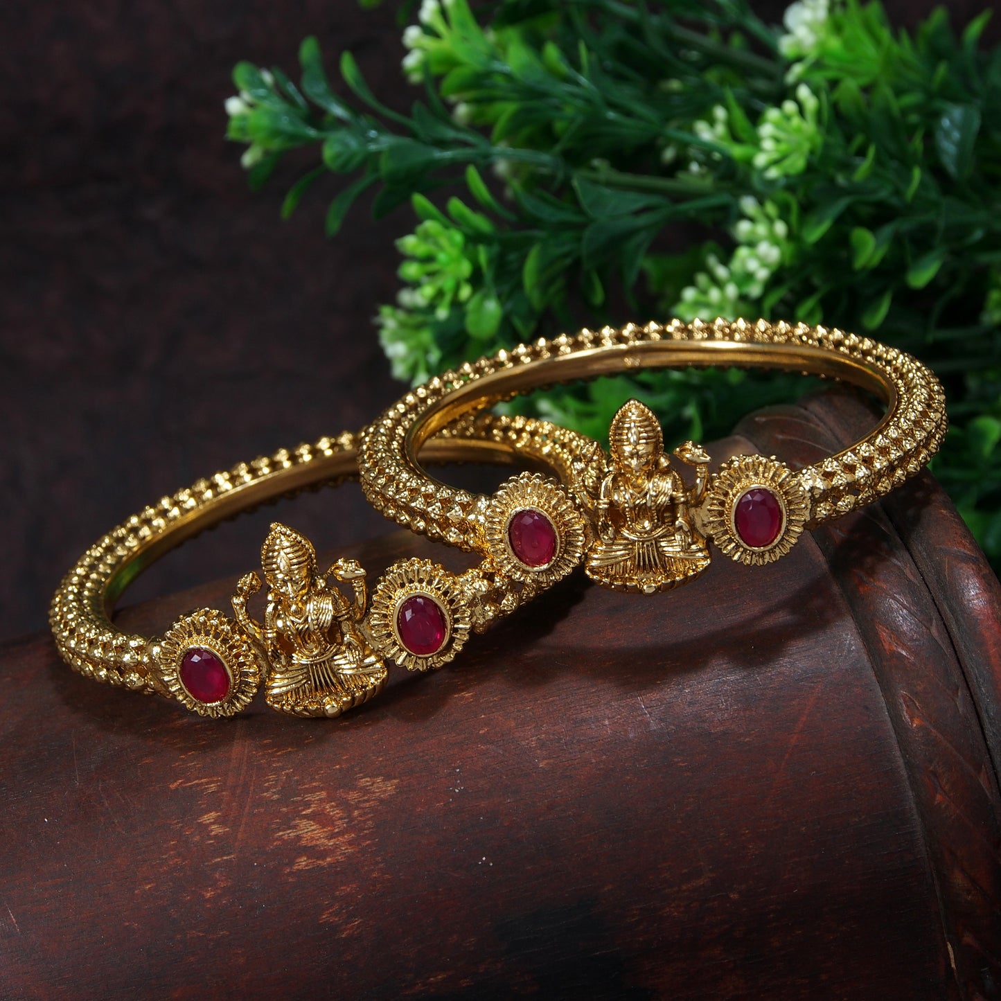 Traditional Gold-Plated Temple Bangles with Ruby Stones