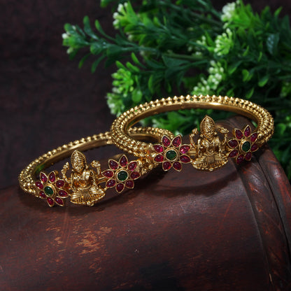 Traditional Gold-Plated Temple Bangles with Ruby Stones