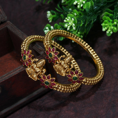 Traditional Gold-Plated Temple Bangles with Ruby Stones