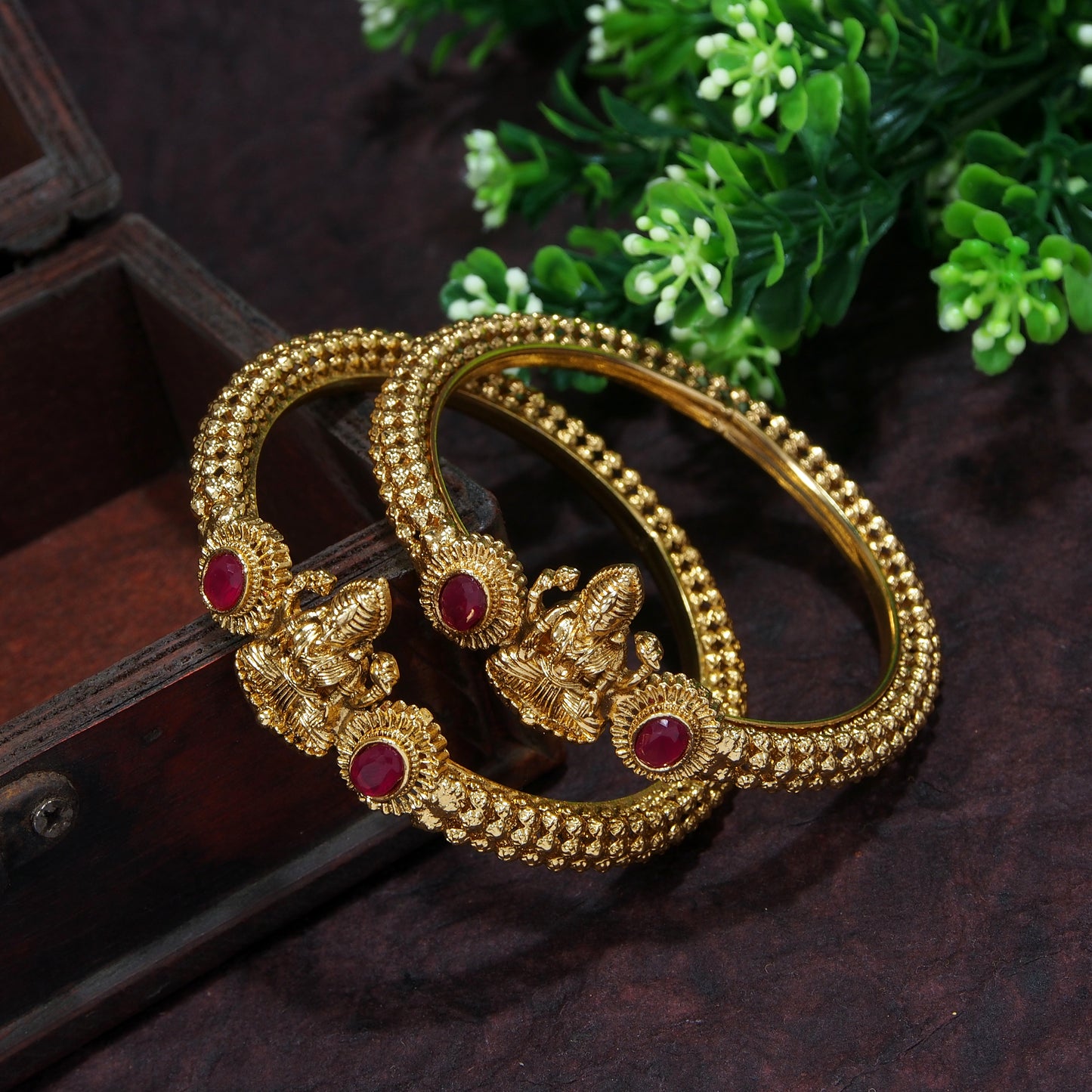 Traditional Gold-Plated Temple Bangles with Ruby Stones