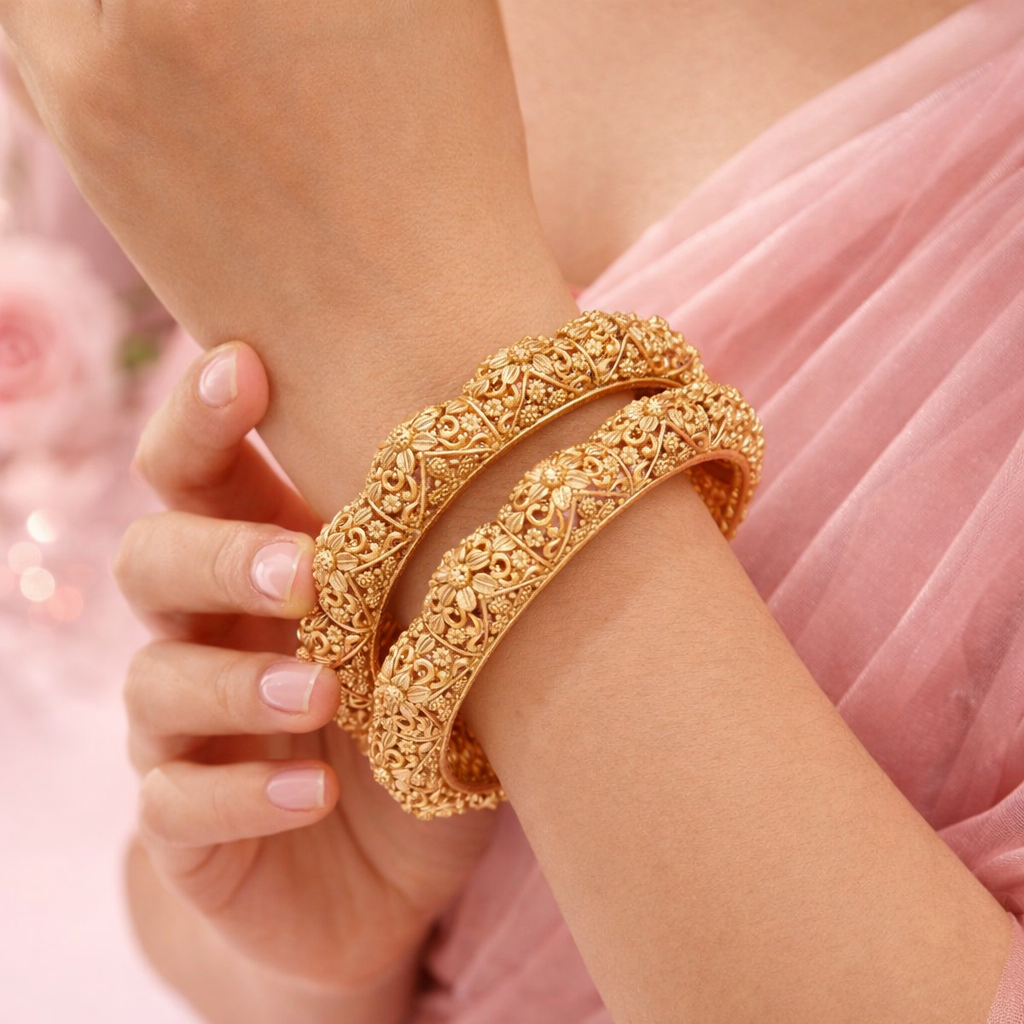 Traditional Rajwadi Gold Matte Finish Adjustable Kada Bangle Set