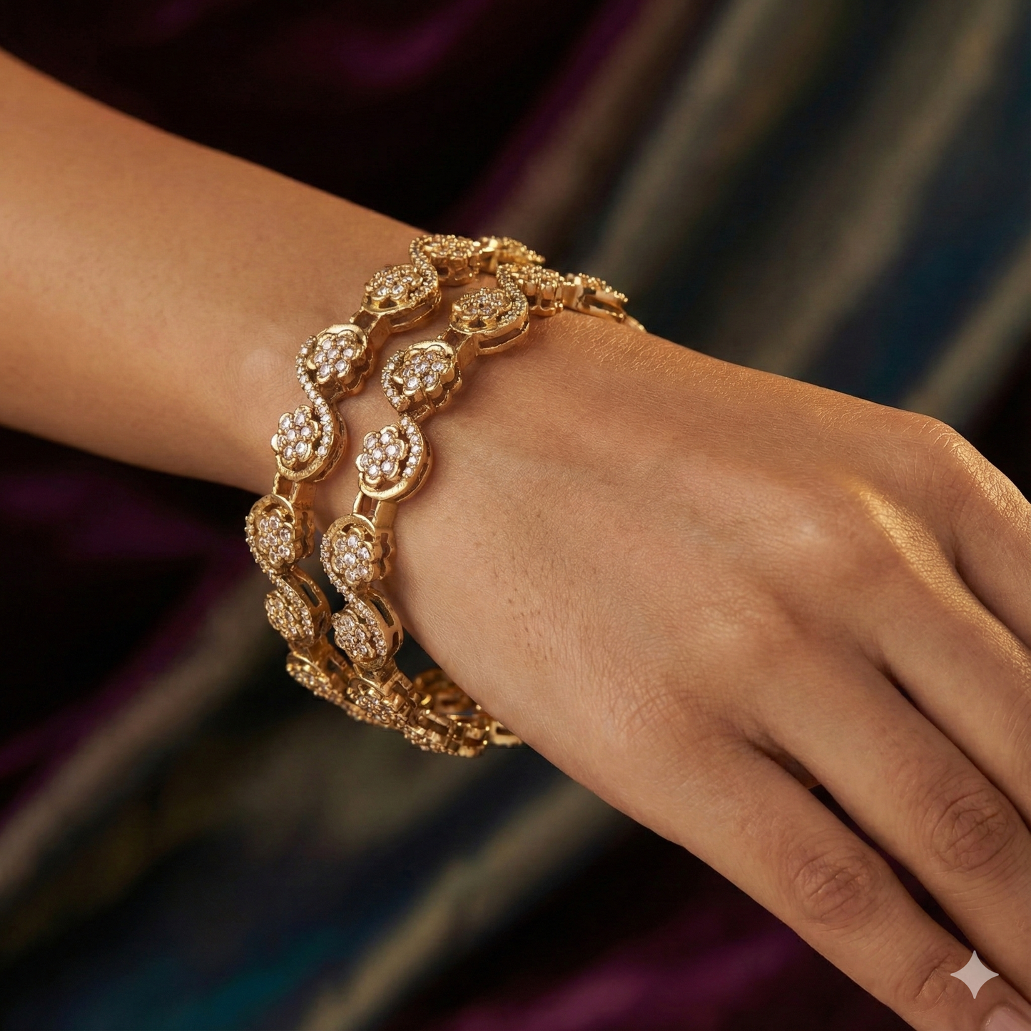 Orna Exquisite Floral Brass Gold-Plated Bangles with Cubic Zirconia