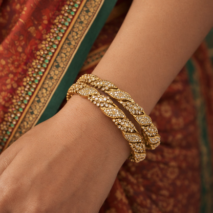 Orna Elegant Victorian-Plated Leaf Design Bangles with Sparkling AD Stones