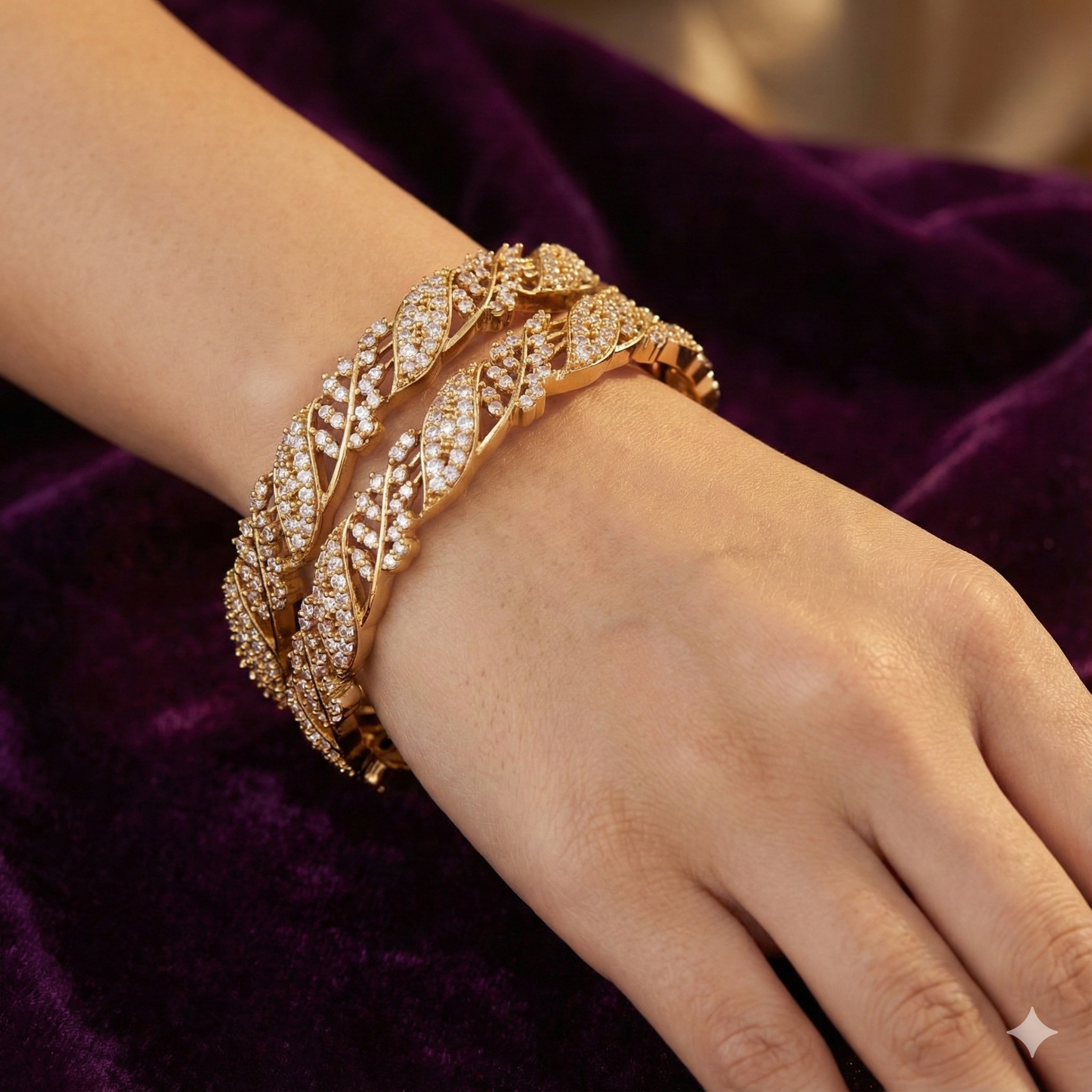 Orna Elegant Victorian-Plated Leaf Design Bangles with Sparkling AD Stones