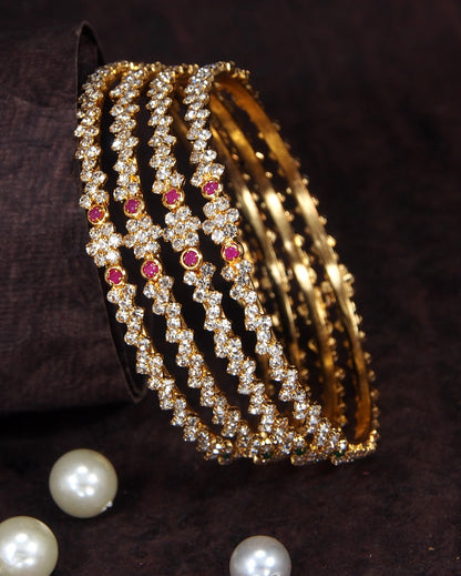 Elegant Gold-Tone Brass Bangles with White Stones & Ruby Accents - Set of 4