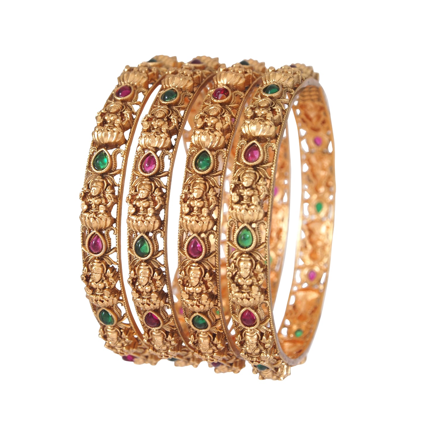 Orna  Brass Matte laxmi Temple Bangle (Pack of 4)