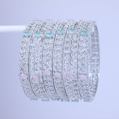 Silver Finish Mint Green & Pink Stone Designer Bangles– Set of 6