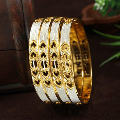 Elegant White and Gold-Plated Designer Bangles with Heart Cutouts