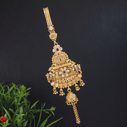 Exquisite Gold-Toned Bridal Key Chain Challa with Intricate Filigree and Gemstone Embellishments