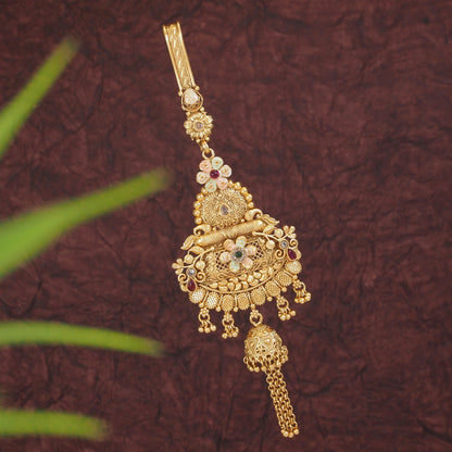 Exquisite Gold-Toned Bridal Key Chain Challa with Intricate Filigree and Gemstone Embellishments