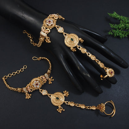 Royal Antique Gold-Plated Floral Hathphool with Kundan & Beaded Detailing