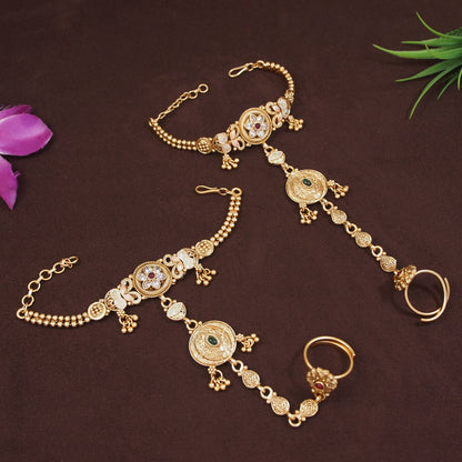 Royal Antique Gold-Plated Floral Hathphool with Kundan & Beaded Detailing