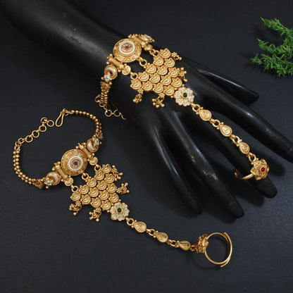 Antique Gold-Plated Bridal Hathphool with Layered Floral Mesh & Kundan Stones