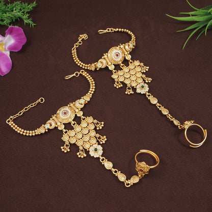 Antique Gold-Plated Bridal Hathphool with Layered Floral Mesh & Kundan Stones