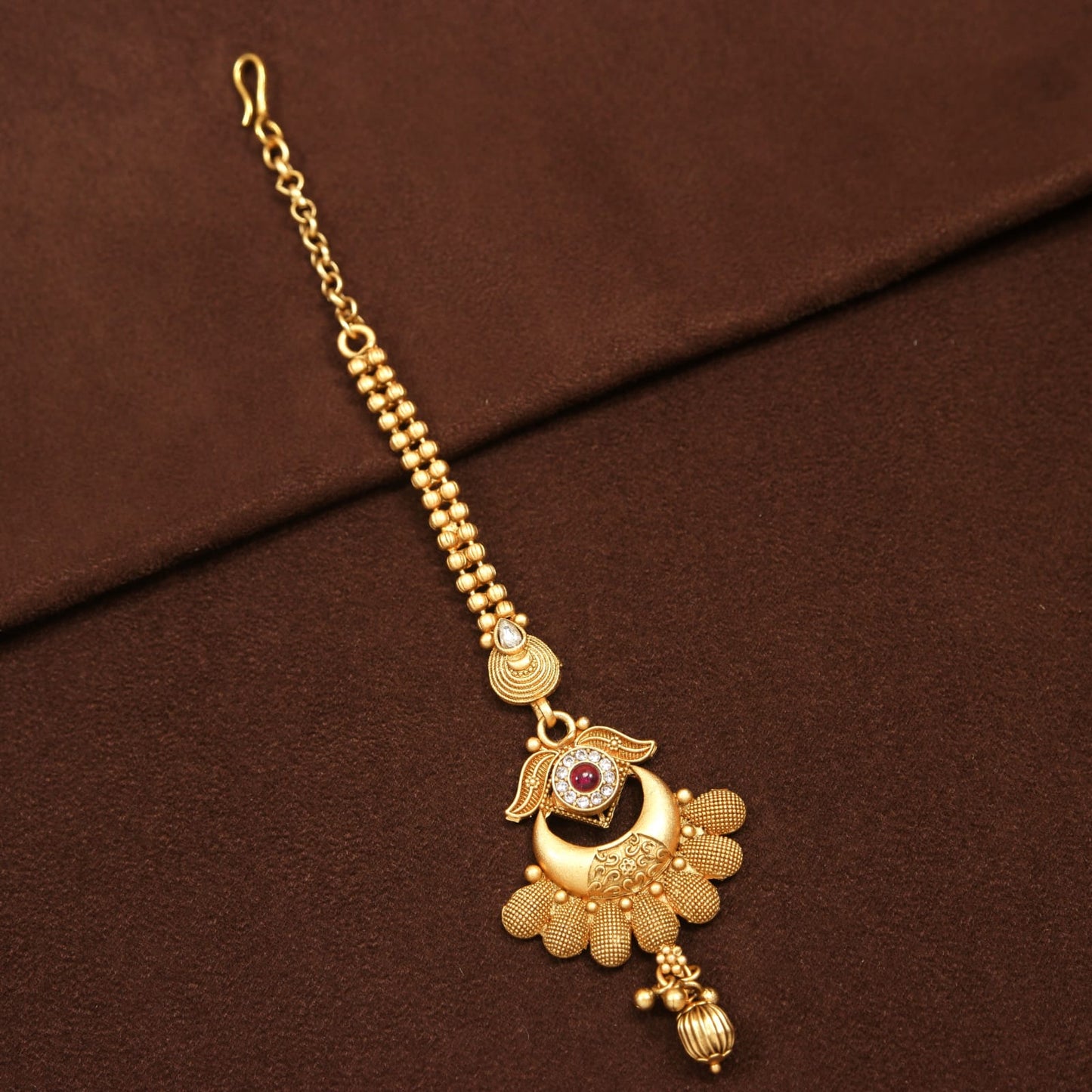 Traditional Gold-Plated Brass Maang Tikka with AD Stones & Intricate Design