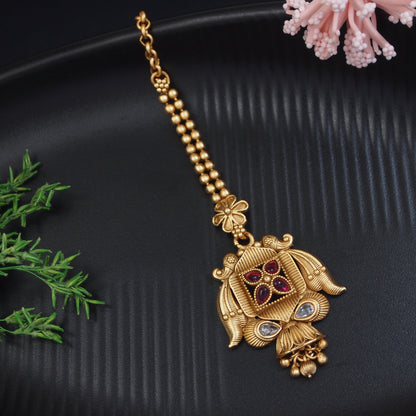 Traditional Matte Gold-Plated Maang Tikka with Intricate Temple Design