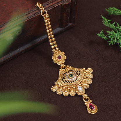 Antique Gold-Plated Chandbali Maang Tikka with Green & Red Gemstones