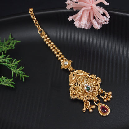 Antique Gold-Plated Peacock Maang Tikka with Filigree & Gemstone Accents