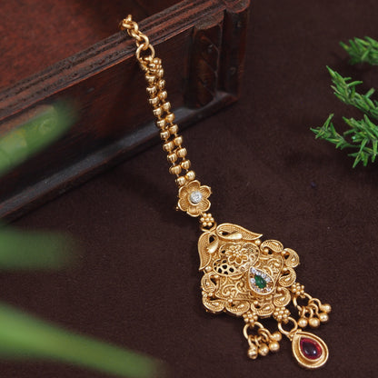 Antique Gold-Plated Peacock Maang Tikka with Filigree & Gemstone Accents