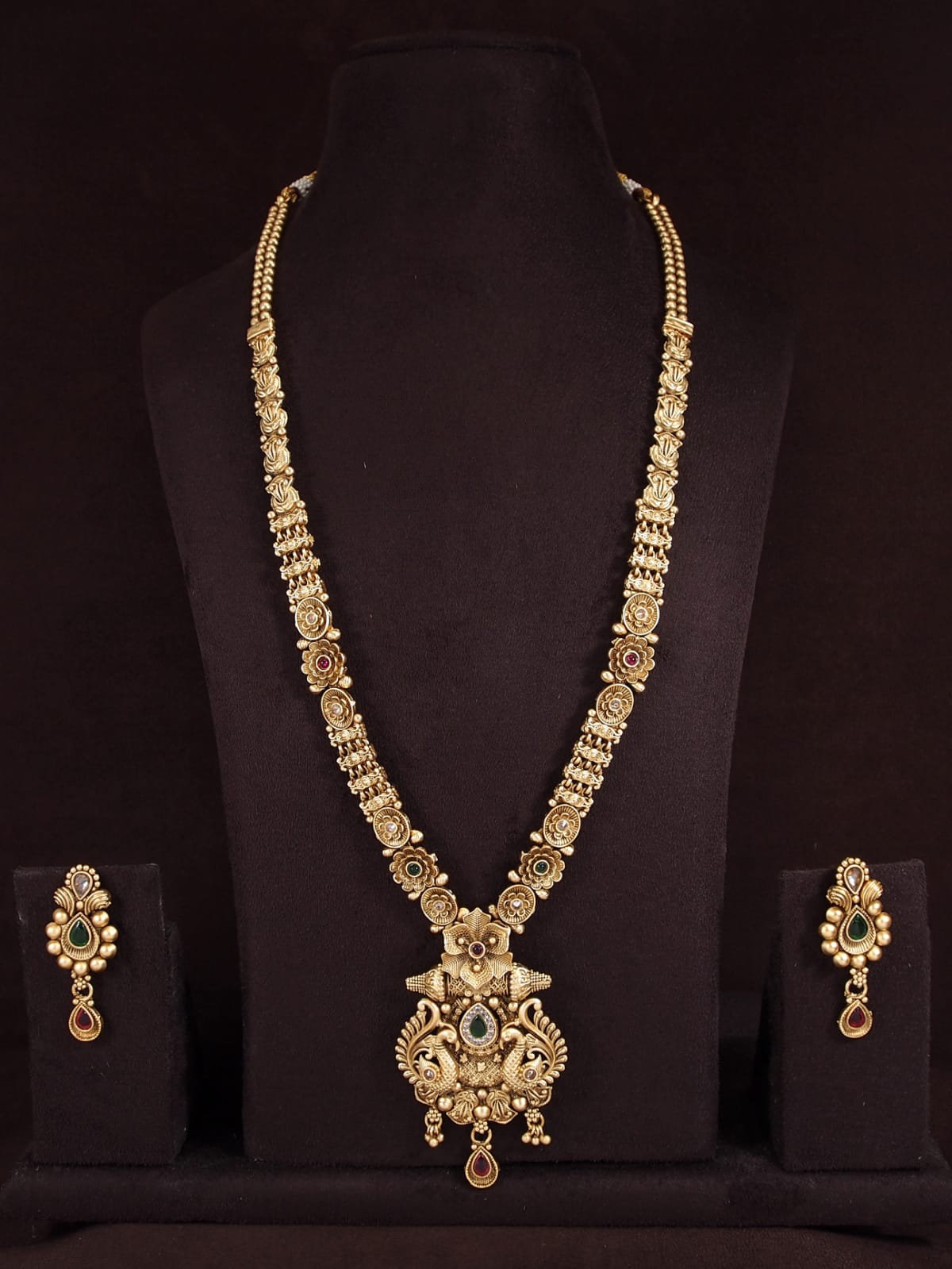 Orna Antique Long Brass Studded with American Diamond Necklace Set