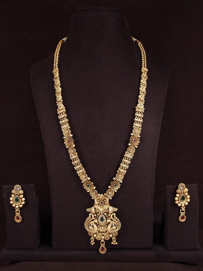 Orna Antique Long Brass Studded with American Diamond Necklace Set